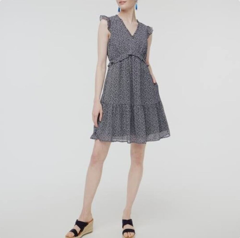 J.Crew Ruffle V-Neck Mini Dress Blue White Floral Ditsy Romantic Boho Chic 4
